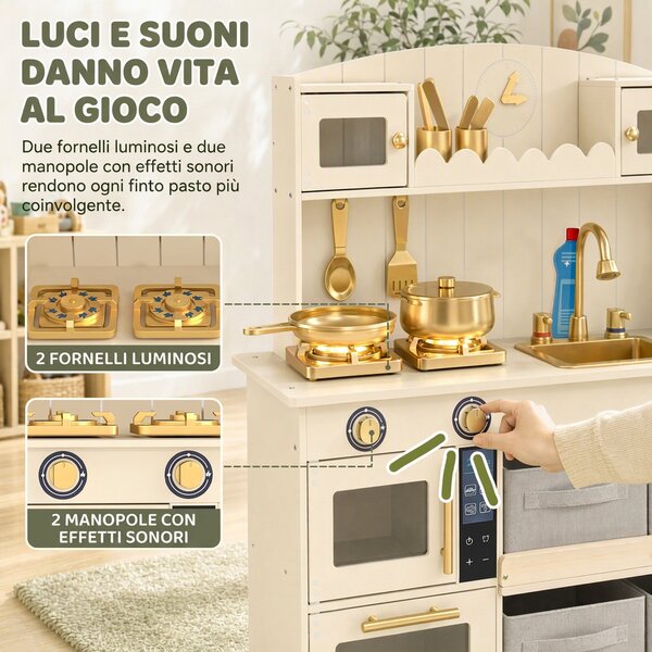 AIYAPLAY Cucina Giocattolo per Bambini in Legno con Luci e Suoni, 4 Cassetti in Tessuto, 12 Accessori, Regalo, 3-6 Anni | Aosom Italy