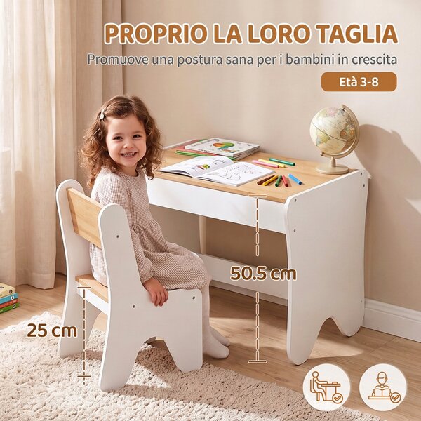 AIYAPLAY Set Tavolo Bambini con Sedia, Cassetto, 3-8 Anni, Bordi Arrotondati, per Cameretta, Soggiorno, Asilo, Bianco | Aosom Italy