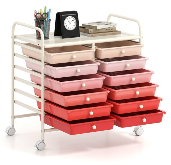 Costway Carrello portaoggetti con 12 cassetti e ampio piano di lavoro, Cassettiera con 4 ruote per soggiorno e cucina Rosa Sfumato