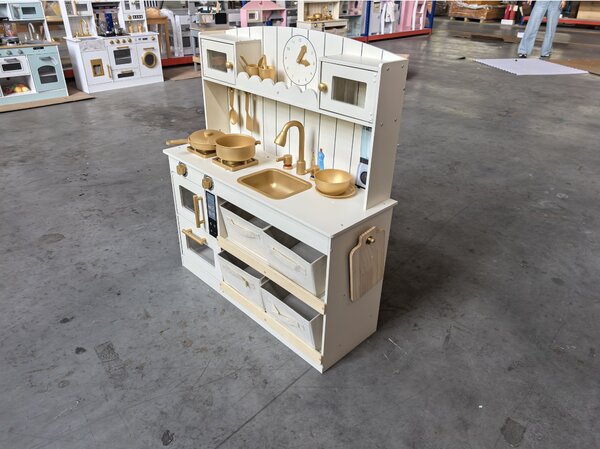 AIYAPLAY Cucina Giocattolo per Bambini in Legno con Luci e Suoni, 4 Cassetti in Tessuto, 12 Accessori, Regalo, 3-6 Anni | Aosom Italy