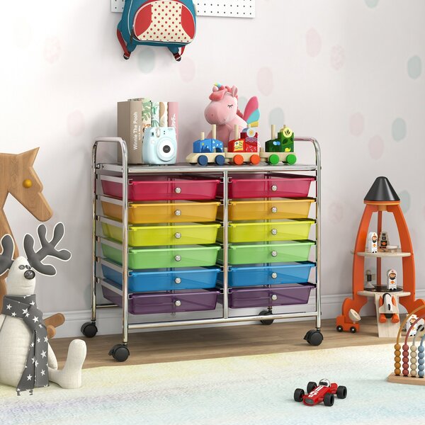 Costway Carrello portaoggetti con 12 cassetti e ampio piano di lavoro, Cassettiera con 4 ruote per soggiorno e cucina Multicolore Trasparente