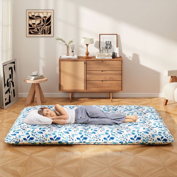Costway Materasso futon portatile con copertura lavabile sacca da trasporto, Tappeto arrotolabile per pavimento 140cm Blu chiaro
