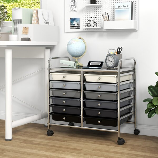 Costway Carrello portaoggetti con 12 cassetti e ampio piano di lavoro, Cassettiera con 4 ruote per soggiorno e cucina Grigio Sfumato