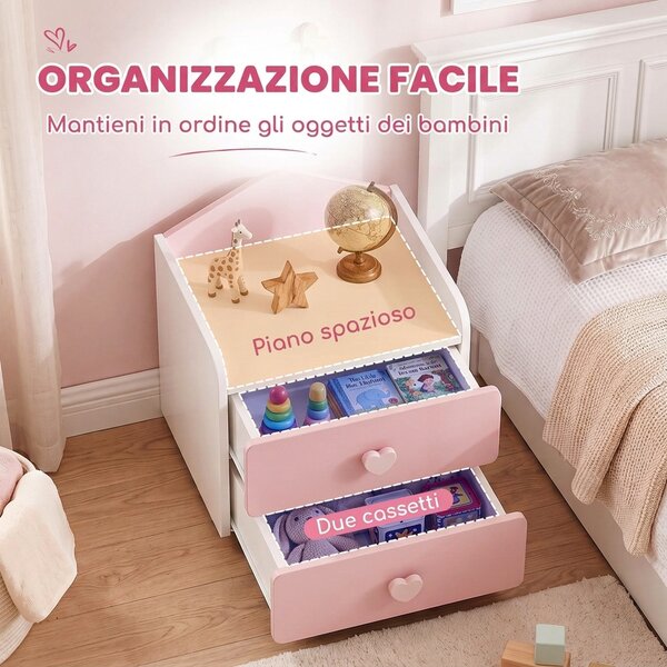 AIYAPLAY Comodino per Bambini 3-8 Anni con 2 Cassetti, Angoli Arrotondati, Maniglie a Cuore, 34x31x36 cm, Rosa | Aosom Italy