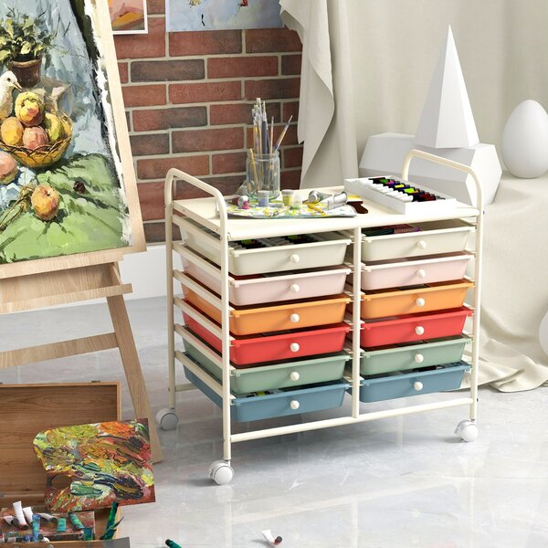 Costway Carrello portaoggetti con 12 cassetti e ampio piano di lavoro, Cassettiera con 4 ruote per soggiorno e cucina Macaron