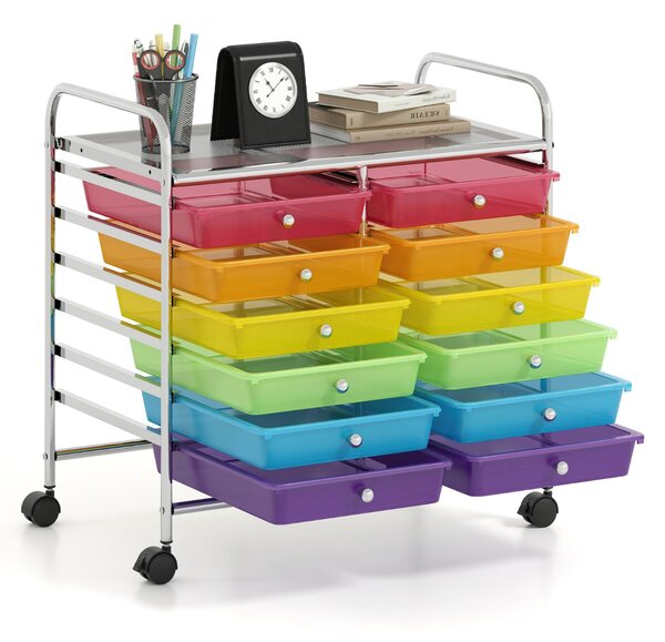 Costway Carrello portaoggetti con 12 cassetti e ampio piano di lavoro, Cassettiera con 4 ruote per soggiorno e cucina Multicolore Trasparente