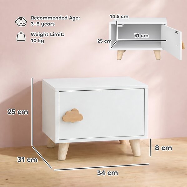 AIYAPLAY Comodino per Bambini 3-8 Anni con Vano Contenitore, Gambe in Pino, Maniglia a Nuvola, 34x31x25 cm, Bianco | Aosom Italy