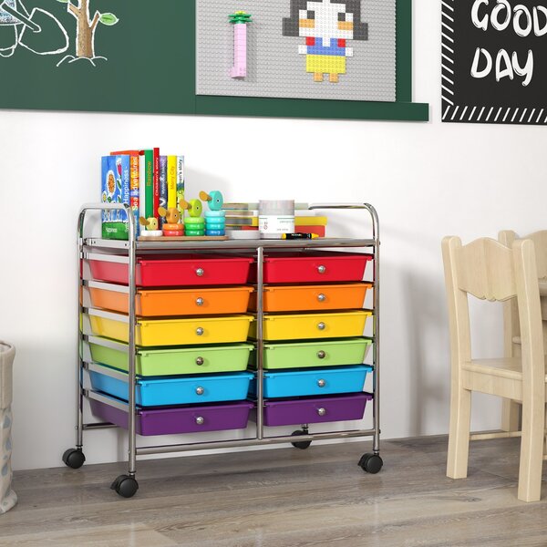 Costway Carrello portaoggetti con 12 cassetti e ampio piano di lavoro, Cassettiera con 4 ruote per soggiorno e cucina Colorato