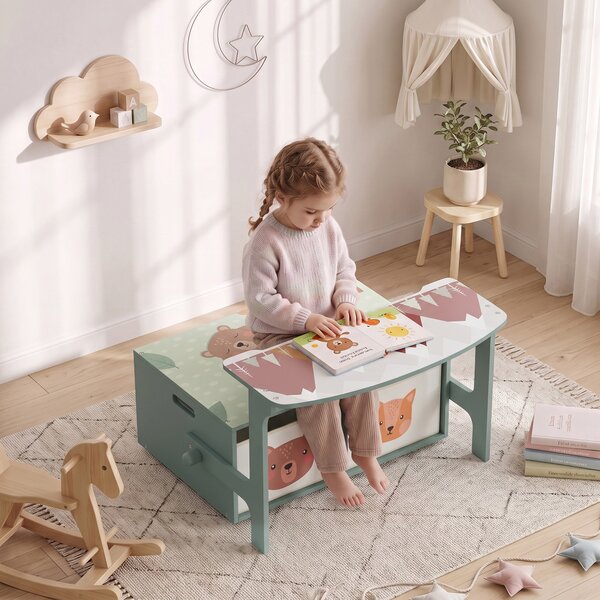 AIYAPLAY 3 in 1 Panca Porta Giochi per Bambini, Convertibile in Tavolo e Sedia con 2 Contenitori, Stampa Orsetto, Verde | Aosom Italy