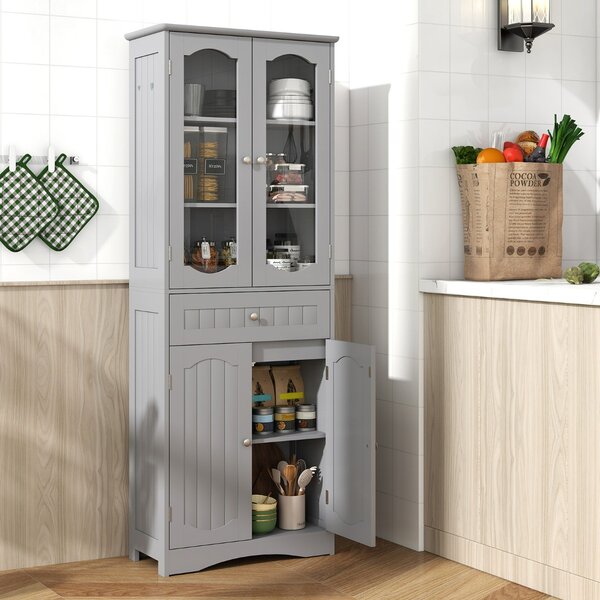 Costway Armadio da bagno alto 160cm con 2 porte in vetro 2 ripiani regolabili e 1 cassetto, Mobile autonomo per cucina Grigio