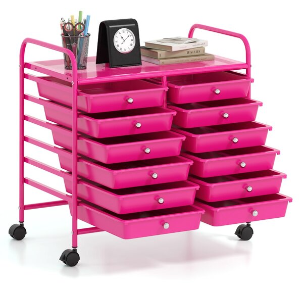 Costway Carrello portaoggetti con 12 cassetti e ampio piano di lavoro, Cassettiera con 4 ruote per soggiorno e cucina Rosa