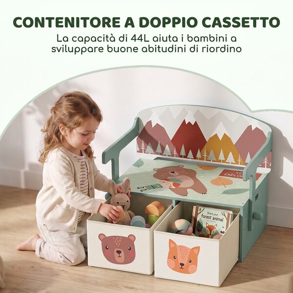 AIYAPLAY 3 in 1 Panca Porta Giochi per Bambini, Convertibile in Tavolo e Sedia con 2 Contenitori, Stampa Orsetto, Verde | Aosom Italy