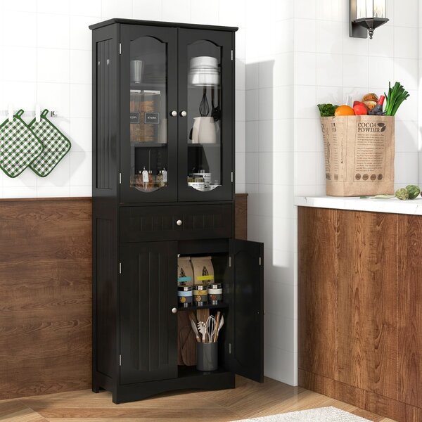Costway Armadio da bagno alto 160cm con 2 porte in vetro 2 ripiani regolabili e 1 cassetto, Mobile autonomo per cucina Nero