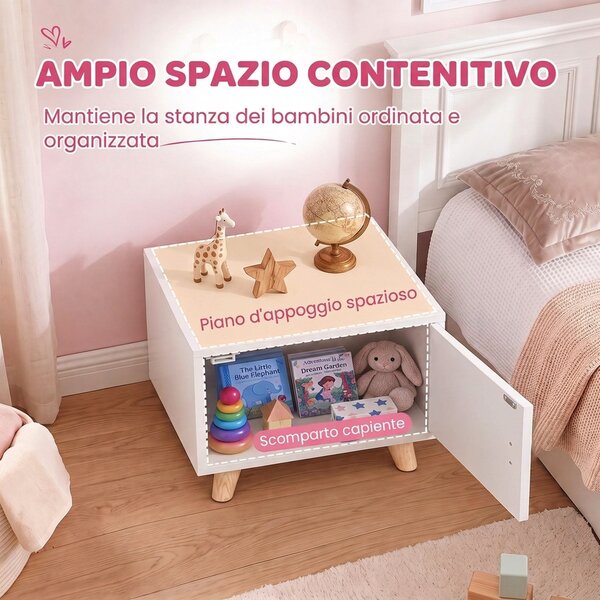 AIYAPLAY Comodino per Bambini 3-8 Anni con Vano Contenitore, Gambe in Pino, Maniglia a Nuvola, 34x31x25 cm, Bianco | Aosom Italy
