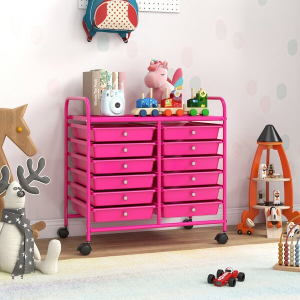 Costway Carrello portaoggetti con 12 cassetti e ampio piano di lavoro, Cassettiera con 4 ruote per soggiorno e cucina Rosa