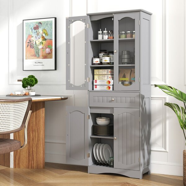 Costway Armadio da bagno alto 160cm con 2 porte in vetro 2 ripiani regolabili e 1 cassetto, Mobile autonomo per cucina Grigio