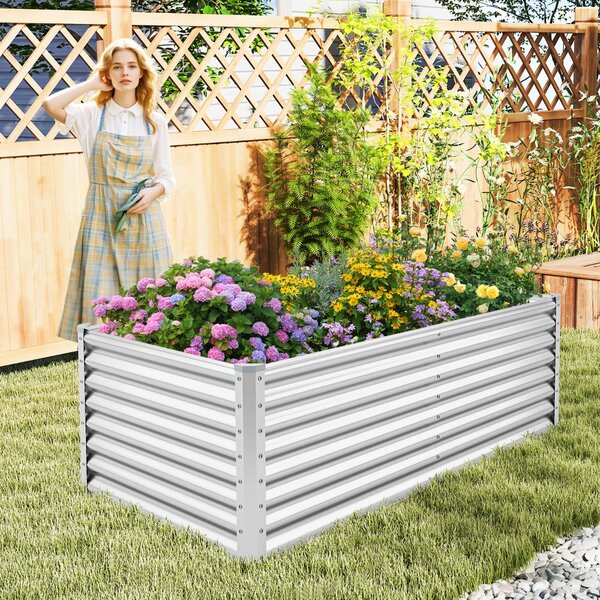 Costway Letto da giardino rialzato da 60 cm fioriera elevata con design a fondo aperto, Protettori d'angolo rinforzati fioriera in metallo per esterni per verdure Argento