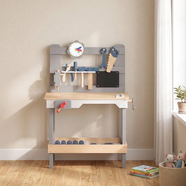AIYAPLAY Banco da Lavoro per Bambini in Legno con Set di Attrezzi 15 Pezzi, Orologio, Lavagna, Ripiano, 3-6 Anni, Grigio | Aosom Italy