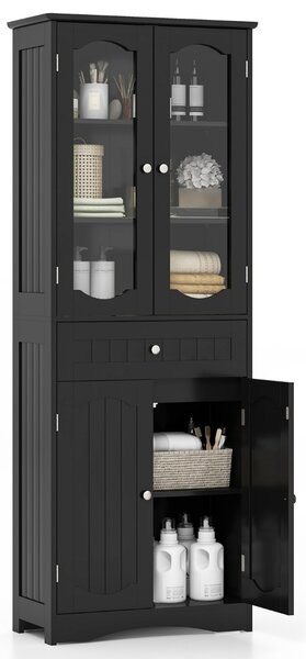 Costway Armadio da bagno alto 160cm con 2 porte in vetro 2 ripiani regolabili e 1 cassetto, Mobile autonomo per cucina Nero