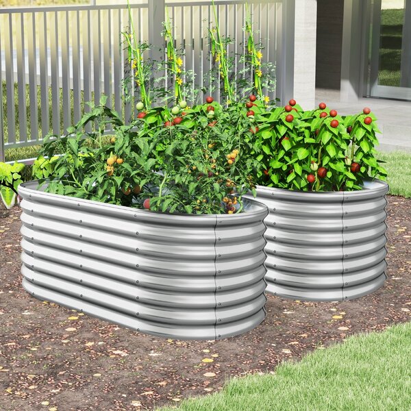 Costway Letto da giardino rialzato tondo fioriera elevata da 60 cm con design a fondo aperto, Piastra verniciata bordo sicuro Argento