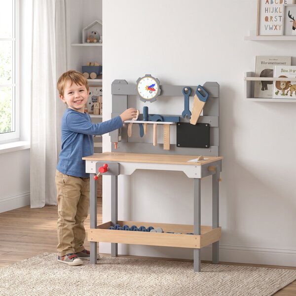 AIYAPLAY Banco da Lavoro per Bambini in Legno con Set di Attrezzi 15 Pezzi, Orologio, Lavagna, Ripiano, 3-6 Anni, Grigio | Aosom Italy