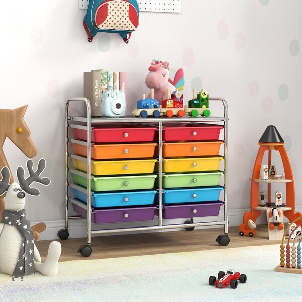 Costway Carrello portaoggetti con 12 cassetti e ampio piano di lavoro, Cassettiera con 4 ruote per soggiorno e cucina Colorato
