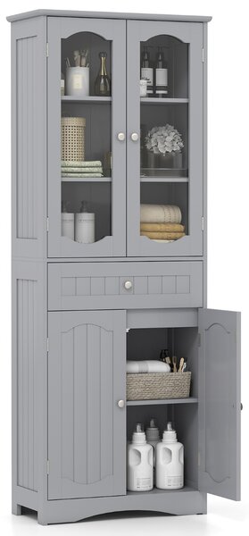 Costway Armadio da bagno alto 160cm con 2 porte in vetro 2 ripiani regolabili e 1 cassetto, Mobile autonomo per cucina Grigio