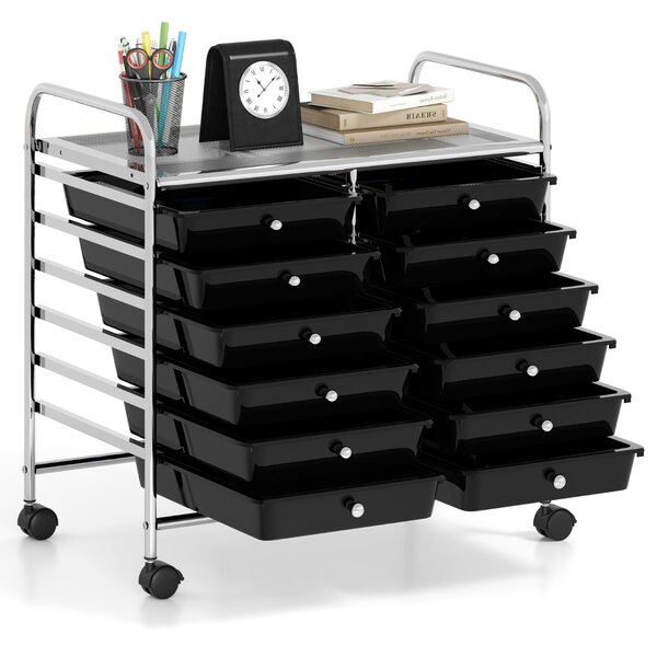 Costway Carrello portaoggetti con 12 cassetti e ampio piano di lavoro, Cassettiera con 4 ruote per soggiorno e cucina Nero