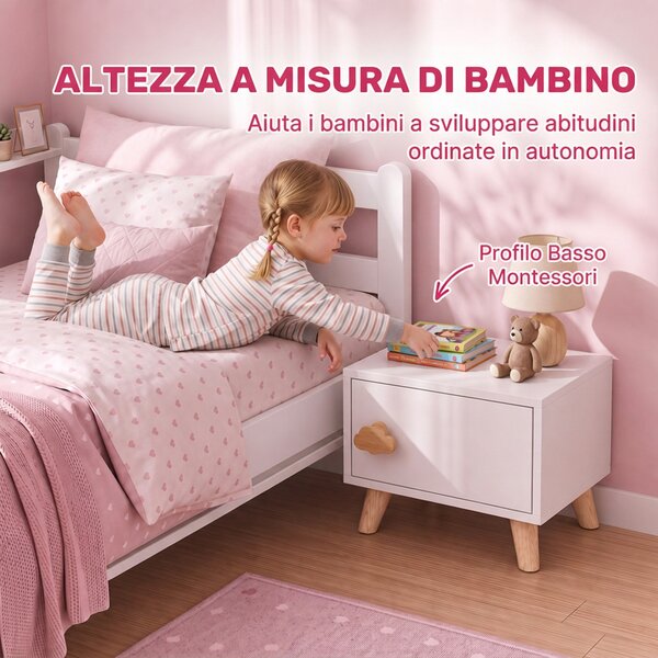 AIYAPLAY Comodino per Bambini 3-8 Anni con Vano Contenitore, Gambe in Pino, Maniglia a Nuvola, 34x31x25 cm, Bianco | Aosom Italy