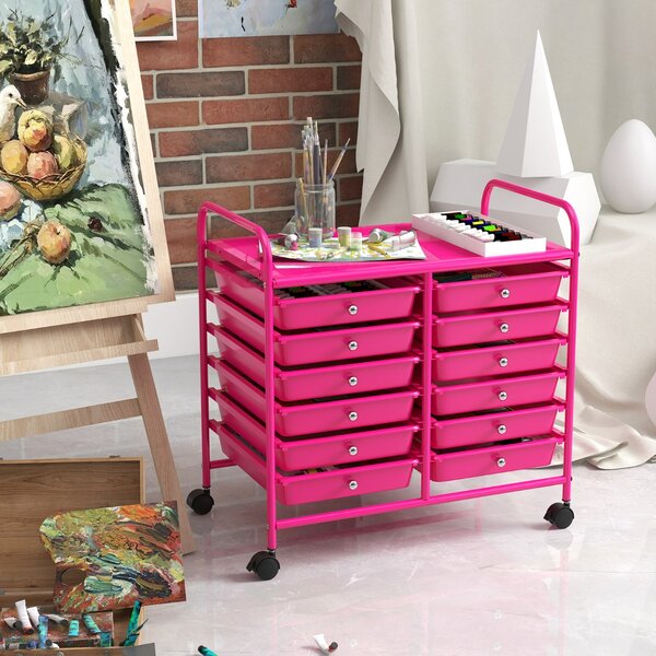 Costway Carrello portaoggetti con 12 cassetti e ampio piano di lavoro, Cassettiera con 4 ruote per soggiorno e cucina Rosa