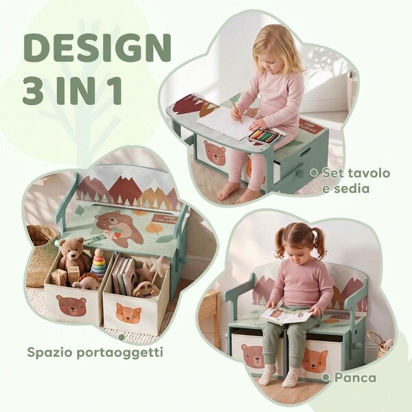 AIYAPLAY 3 in 1 Panca Porta Giochi per Bambini, Convertibile in Tavolo e Sedia con 2 Contenitori, Stampa Orsetto, Verde | Aosom Italy