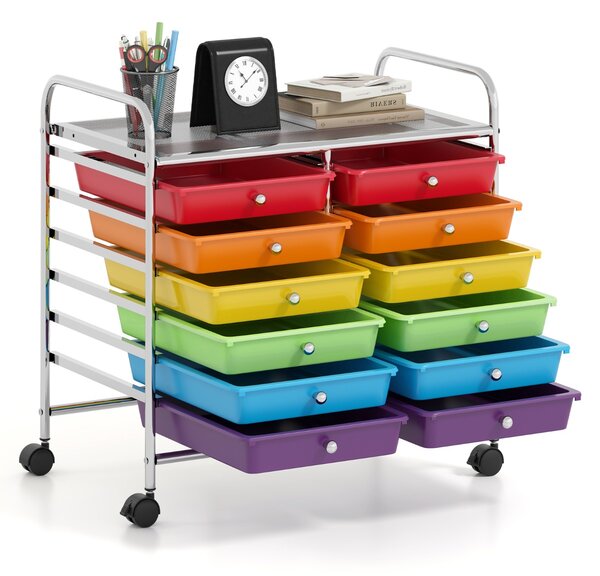 Costway Carrello portaoggetti con 12 cassetti e ampio piano di lavoro, Cassettiera con 4 ruote per soggiorno e cucina Colorato
