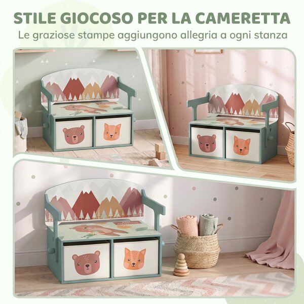 AIYAPLAY 3 in 1 Panca Porta Giochi per Bambini, Convertibile in Tavolo e Sedia con 2 Contenitori, Stampa Orsetto, Verde | Aosom Italy