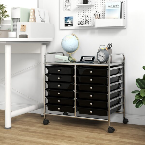 Costway Carrello portaoggetti con 12 cassetti e ampio piano di lavoro, Cassettiera con 4 ruote per soggiorno e cucina Nero