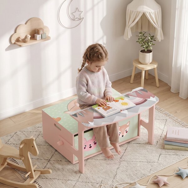 AIYAPLAY 3 in 1 Panca Porta Giochi per Bambini, Convertibile in Tavolo e Sedia con 2 Contenitori, Stampa Volpetta, Rosa | Aosom Italy