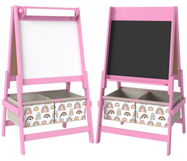 AIYAPLAY Lavagna per Bambini 3 in 1 a Doppia Facciata con Cavalletto, Rotolo di Carta, 2 Contenitori, 3-8 Anni, Rosa | Aosom Italy