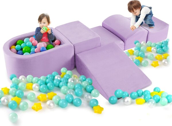 Costway Set di gioco in schiuma a 5 pezzi per bambini con piscina di palline coperture lavabili, Blocchi creativi palline non incluse Viola