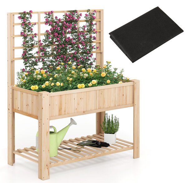 Costway Letto da giardino rialzato con traliccio, Fioriera alta in legno con mensola di stoccaggio e fori di drenaggio Naturale