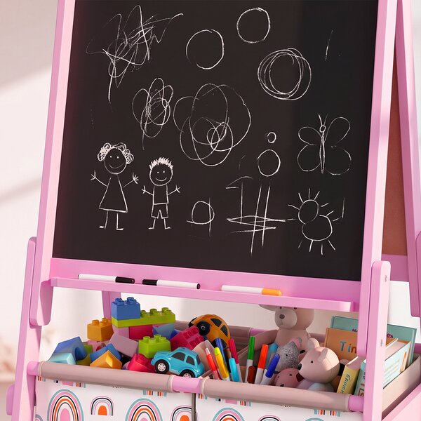 AIYAPLAY Lavagna per Bambini 3 in 1 a Doppia Facciata con Cavalletto, Rotolo di Carta, 2 Contenitori, 3-8 Anni, Rosa | Aosom Italy