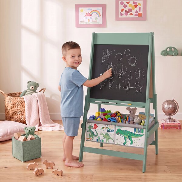 AIYAPLAY Lavagna per Bambini 3 in 1 a Doppia Facciata con Cavalletto, Rotolo di Carta, 2 Contenitori, 3-8 Anni, Verde | Aosom Italy