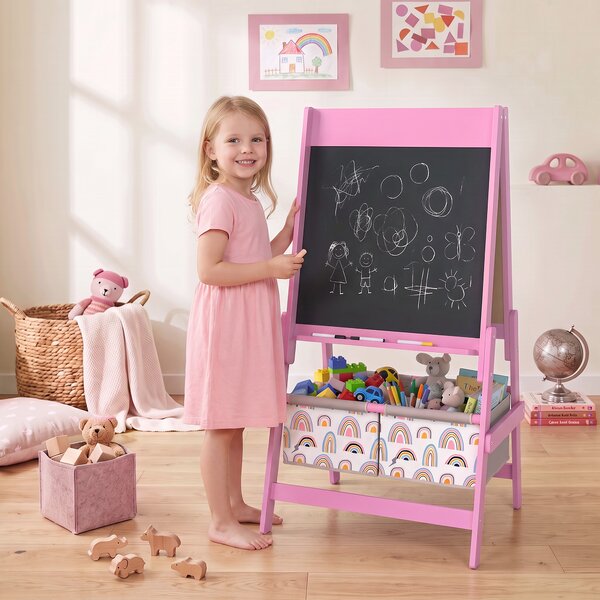 AIYAPLAY Lavagna per Bambini 3 in 1 a Doppia Facciata con Cavalletto, Rotolo di Carta, 2 Contenitori, 3-8 Anni, Rosa | Aosom Italy