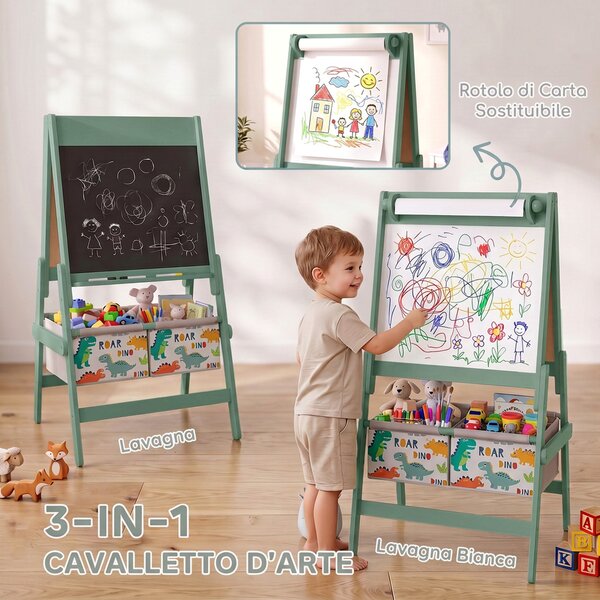 AIYAPLAY Lavagna per Bambini 3 in 1 a Doppia Facciata con Cavalletto, Rotolo di Carta, 2 Contenitori, 3-8 Anni, Verde | Aosom Italy