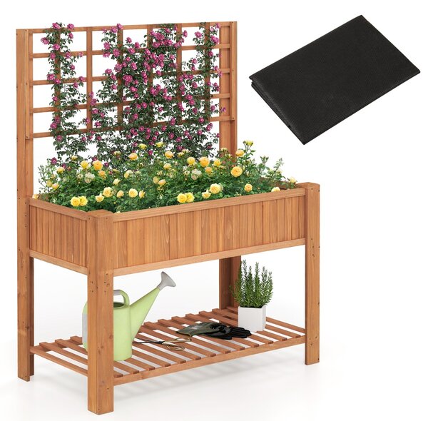 Costway Letto da giardino rialzato con traliccio, Fioriera alta in legno con mensola di stoccaggio e fori di drenaggio Marrone