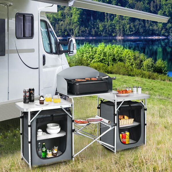 Costway Tavolo di alluminio per griglia con barriera per il vento e borsa di trasporto, Tavolo da campeggio pieghevole con organizer Grigio