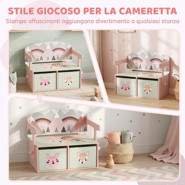 AIYAPLAY 3 in 1 Panca Porta Giochi per Bambini, Convertibile in Tavolo e Sedia con 2 Contenitori, Stampa Volpetta, Rosa | Aosom Italy