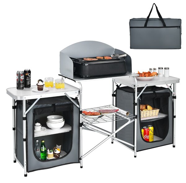 Costway Tavolo di alluminio per griglia con barriera per il vento e borsa di trasporto, Tavolo da campeggio pieghevole con organizer Grigio