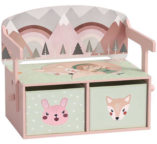 AIYAPLAY 3 in 1 Panca Porta Giochi per Bambini, Convertibile in Tavolo e Sedia con 2 Contenitori, Stampa Volpetta, Rosa | Aosom Italy