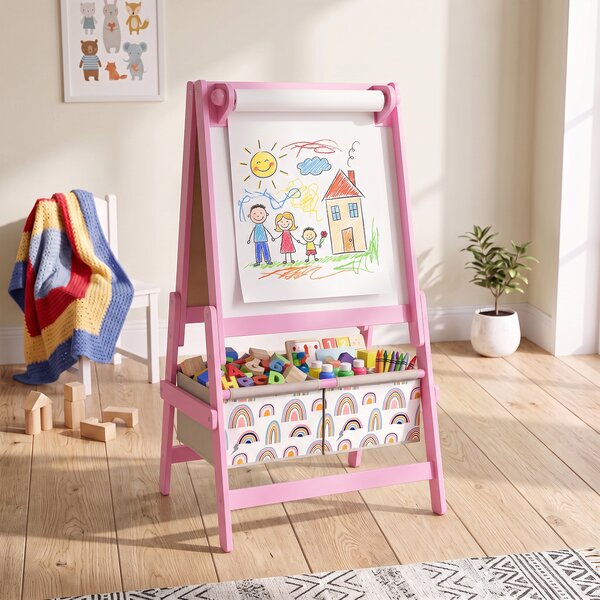 AIYAPLAY Lavagna per Bambini 3 in 1 a Doppia Facciata con Cavalletto, Rotolo di Carta, 2 Contenitori, 3-8 Anni, Rosa | Aosom Italy