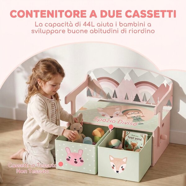 AIYAPLAY 3 in 1 Panca Porta Giochi per Bambini, Convertibile in Tavolo e Sedia con 2 Contenitori, Stampa Volpetta, Rosa | Aosom Italy