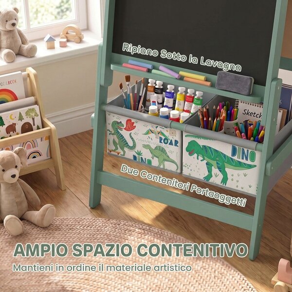 AIYAPLAY Lavagna per Bambini 3 in 1 a Doppia Facciata con Cavalletto, Rotolo di Carta, 2 Contenitori, 3-8 Anni, Verde | Aosom Italy